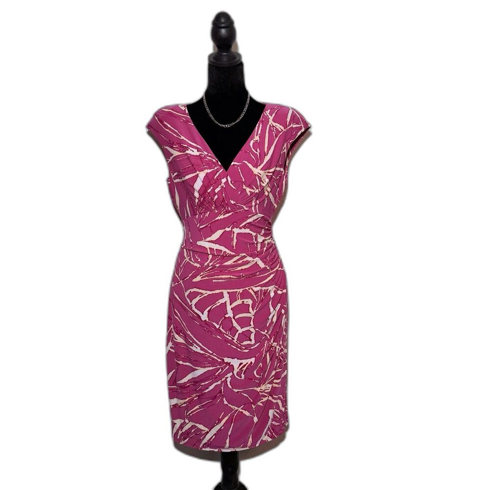 Lauren Ralph Lauren Faux Wrap Dress Pink/white V-Neck Sleeveless Women’s Size 8